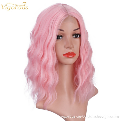 U Part Lace Top Quality Short Pink body Wavy Bob Wigs For Black Women Middle Part Synthetic Wigs Wholesale Price